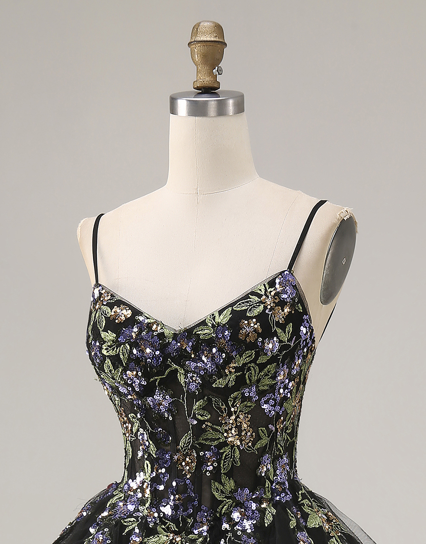 Sparkly Black Sequins Tulle A Line Long Prom Dress with Ruffles