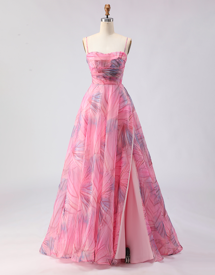 Pink A Line Tulle Spaghetti Straps Floral Long Prom Dress with Slit