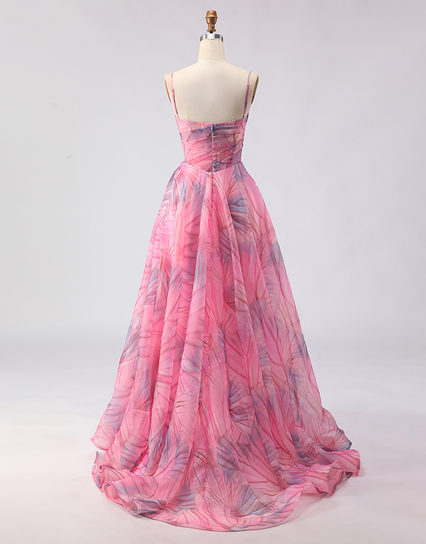 Pink A Line Tulle Spaghetti Straps Floral Long Prom Dress with Slit