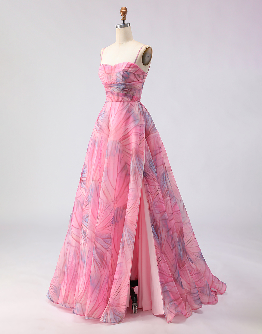 Pink A Line Tulle Spaghetti Straps Floral Long Prom Dress with Slit