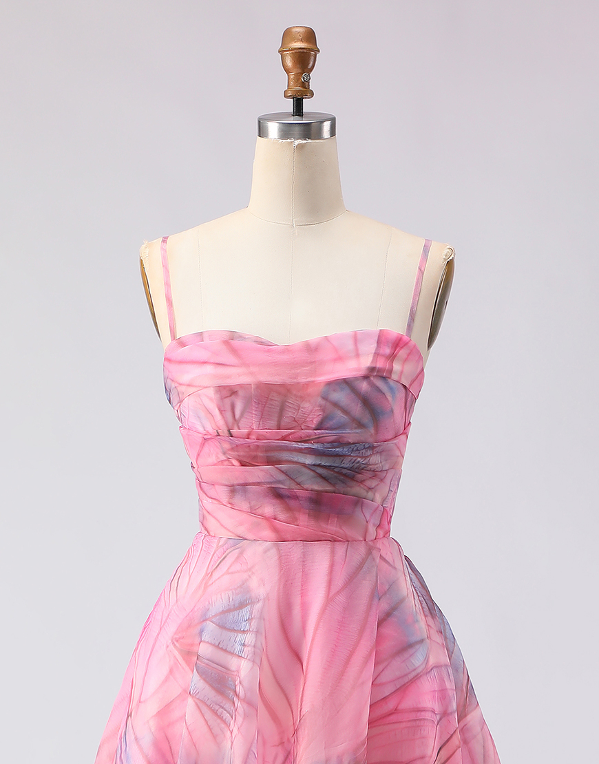 Pink A Line Tulle Spaghetti Straps Floral Long Prom Dress with Slit