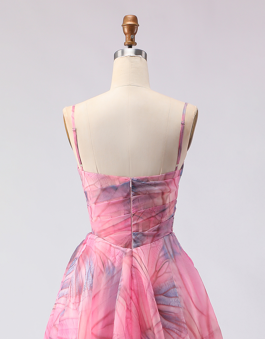 Pink A Line Tulle Spaghetti Straps Floral Long Prom Dress with Slit