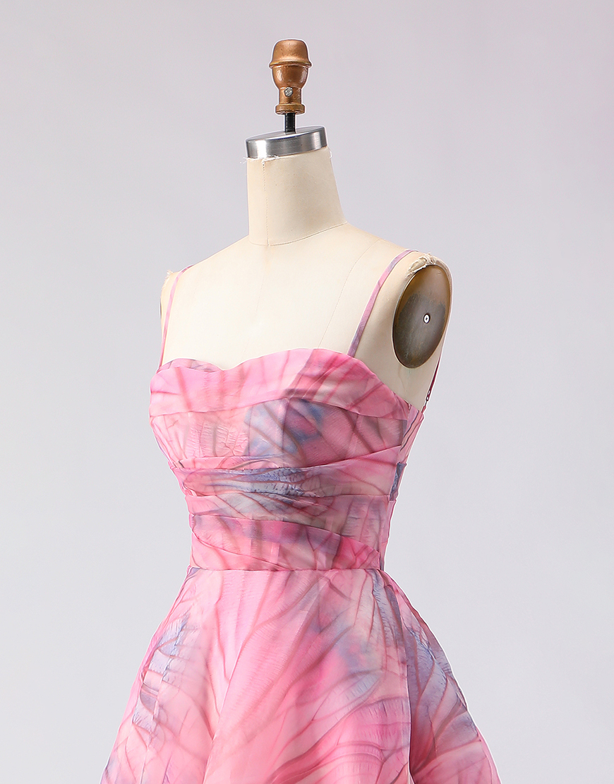 Pink A Line Tulle Spaghetti Straps Floral Long Prom Dress with Slit