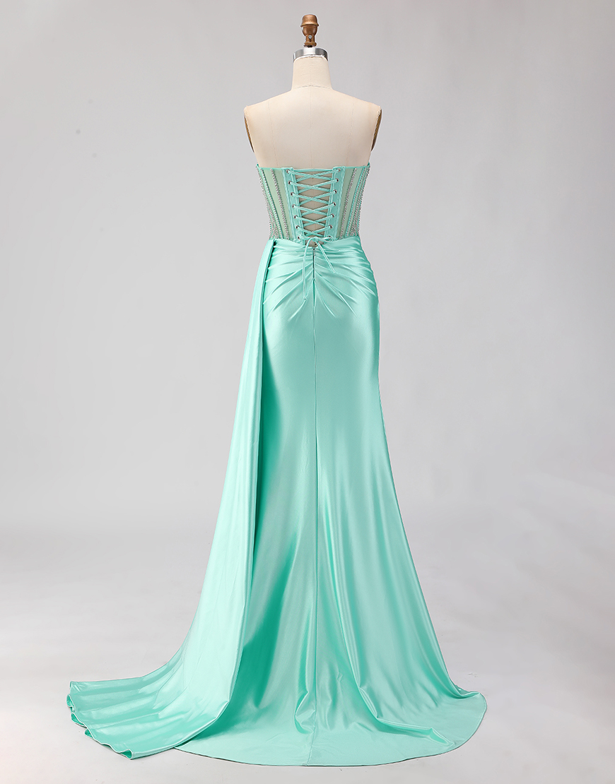 Sparkly Mint Green Beaded Corset Mermaid Long Prom Dress with Slit