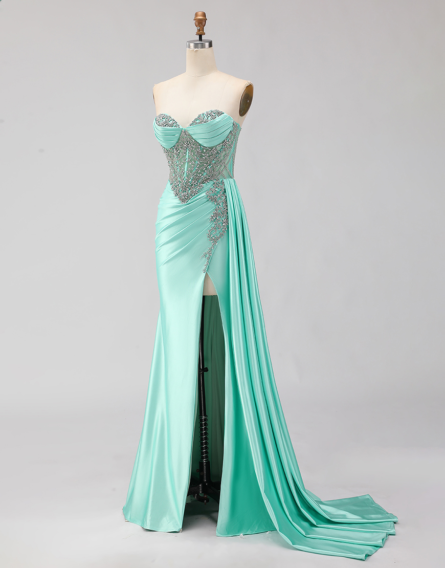 Sparkly Mint Green Beaded Corset Mermaid Long Prom Dress with Slit