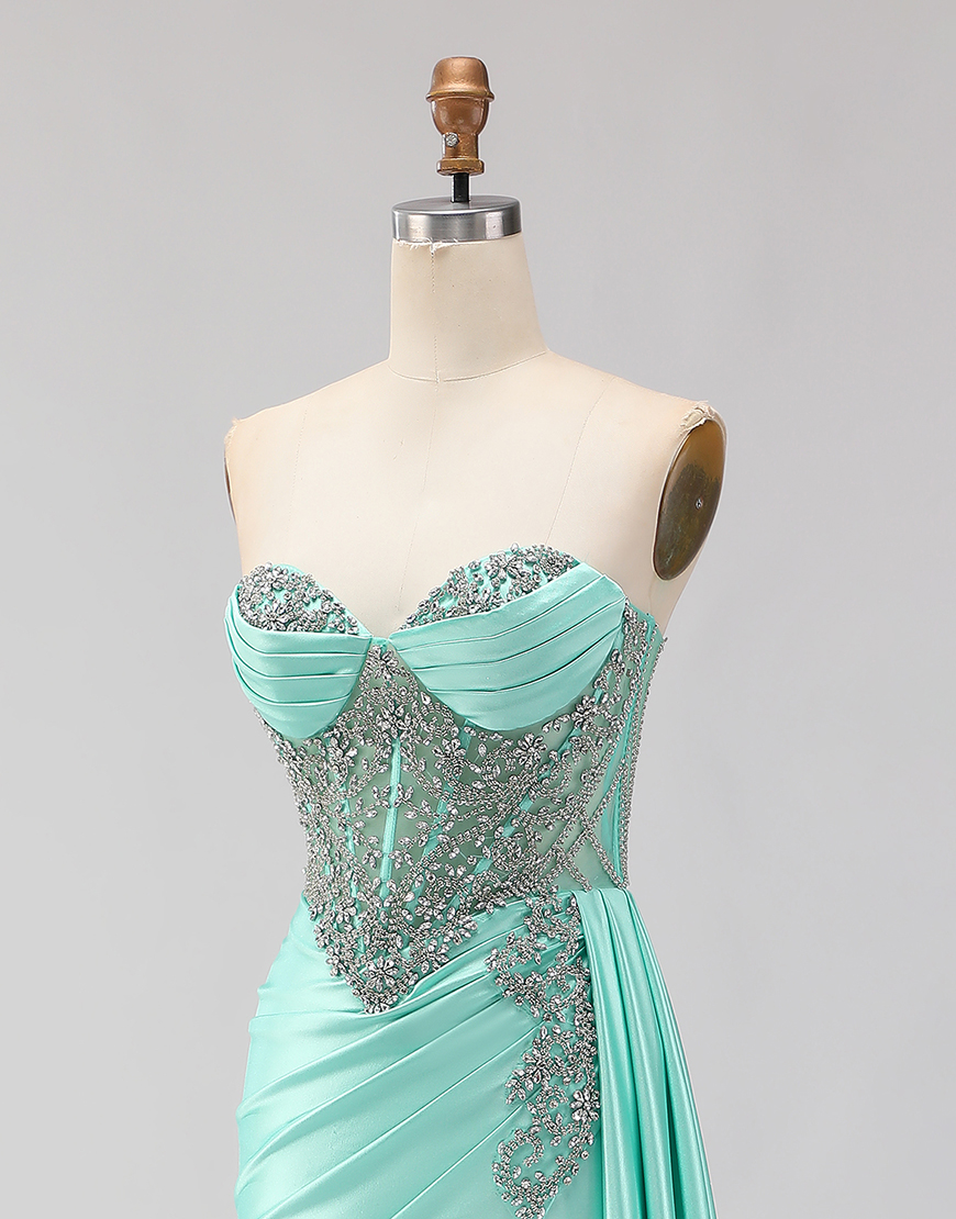 Sparkly Mint Green Beaded Corset Mermaid Long Prom Dress with Slit