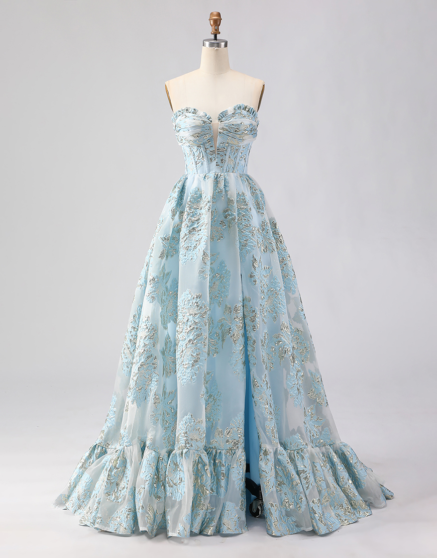 Floral Light Blue Corset Sweetheart Ruffled Long Prom Dress with Slit