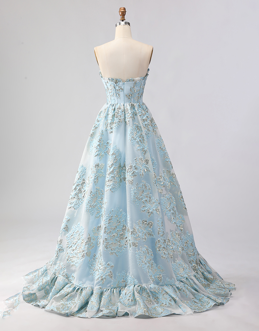 Floral Light Blue Corset Sweetheart Ruffled Long Prom Dress with Slit
