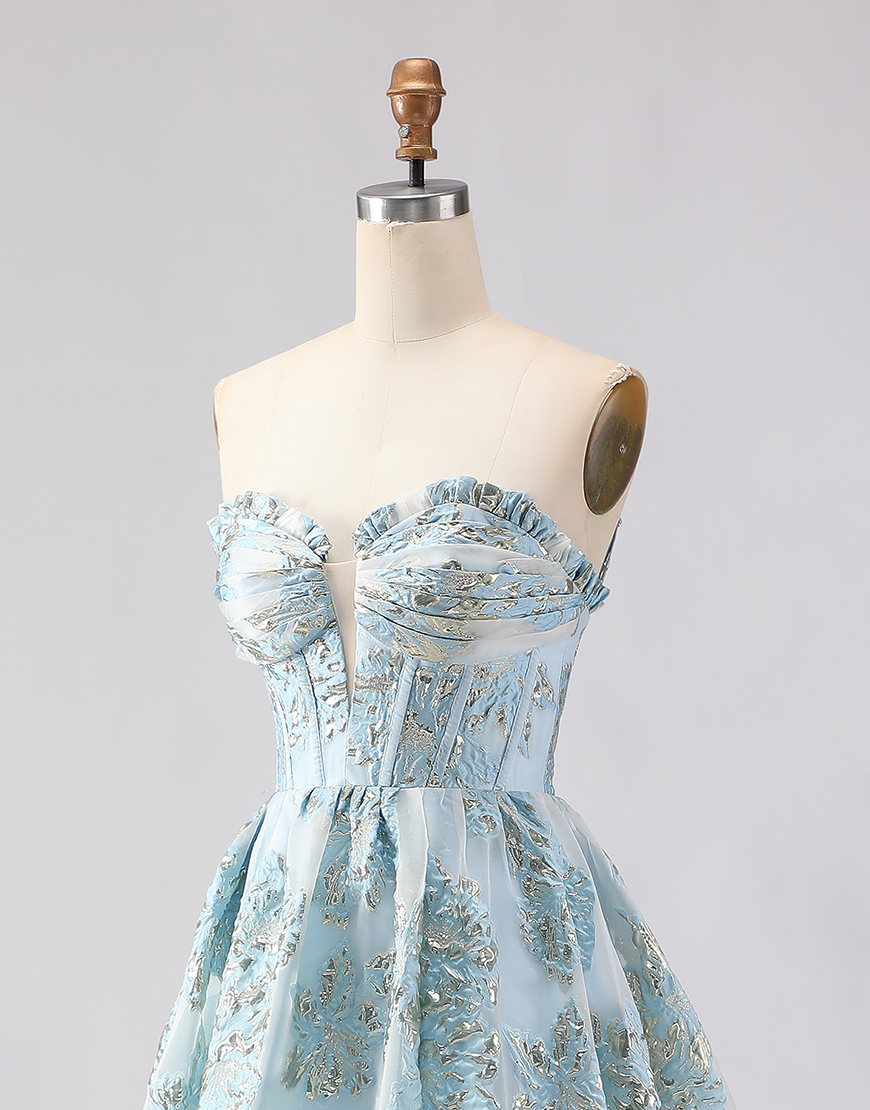 Floral Light Blue Corset Sweetheart Ruffled Long Prom Dress with Slit