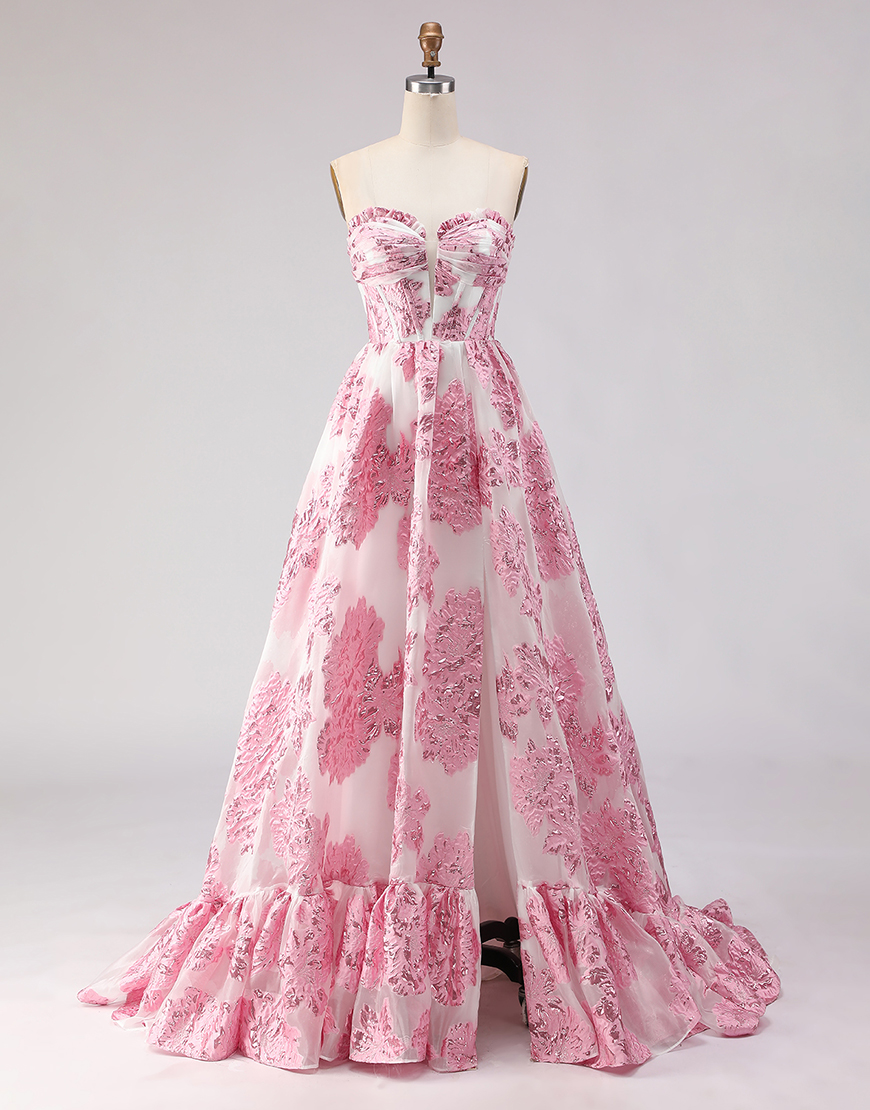Pink Floral Ruffled Sweetheart Corset A-Line Long Prom Dress with Slit