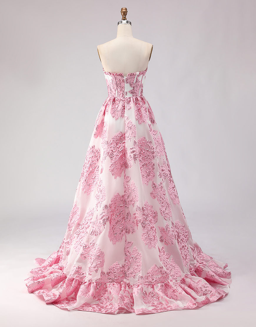Pink Floral Ruffled Sweetheart Corset A-Line Long Prom Dress with Slit