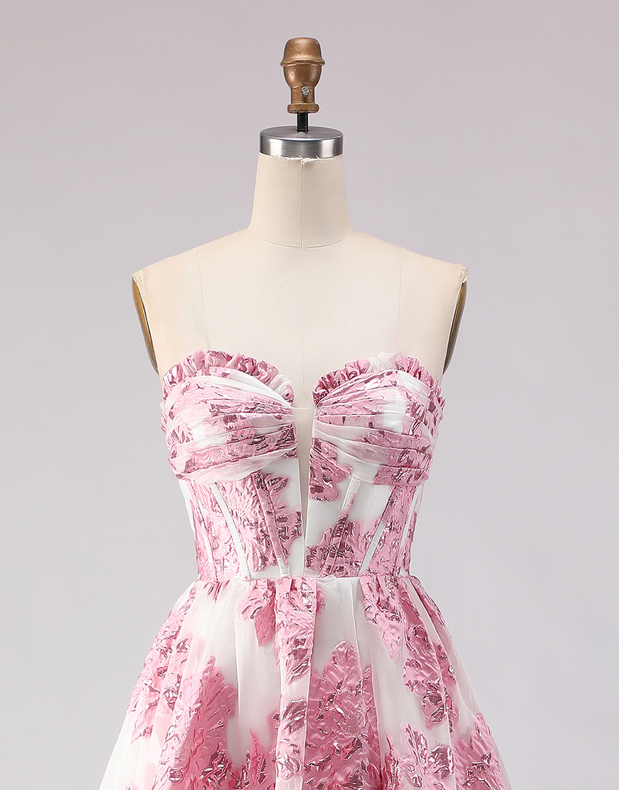 Floral Light Blue Corset Sweetheart Ruffled Long Prom Dress with Slit