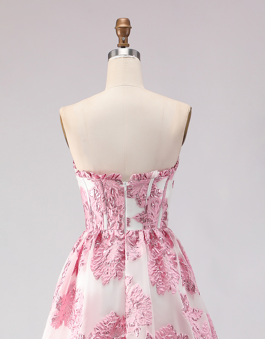 Floral Light Blue Corset Sweetheart Ruffled Long Prom Dress with Slit