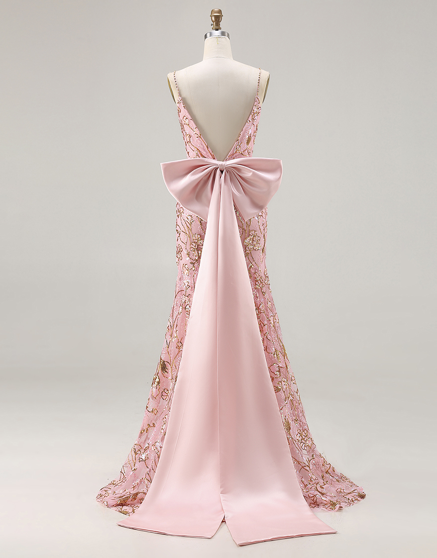 Sparkly Floral Pink Sequin Mermaid Long Prom Dress with Slit