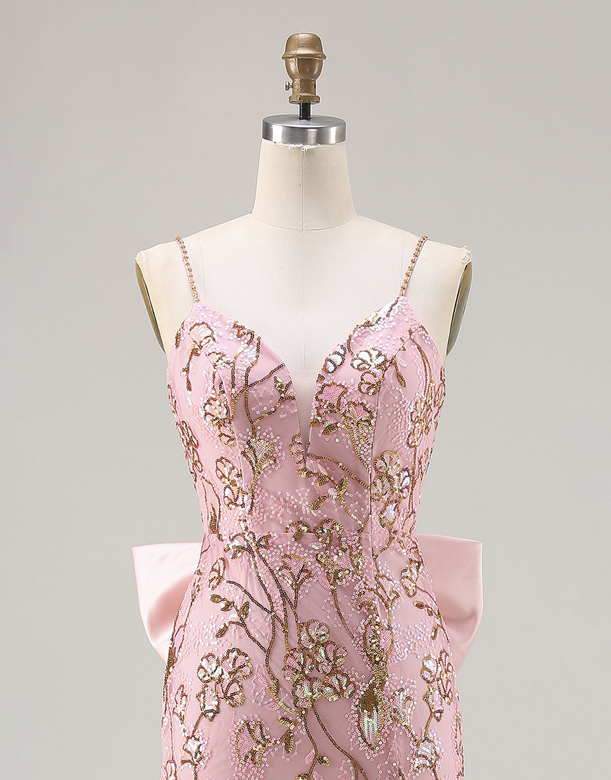 Sparkly Floral Pink Sequin Mermaid Long Prom Dress with Slit