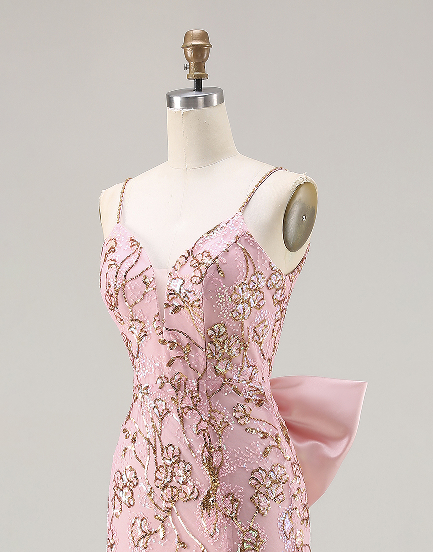 Sparkly Floral Pink Sequin Mermaid Long Prom Dress with Slit