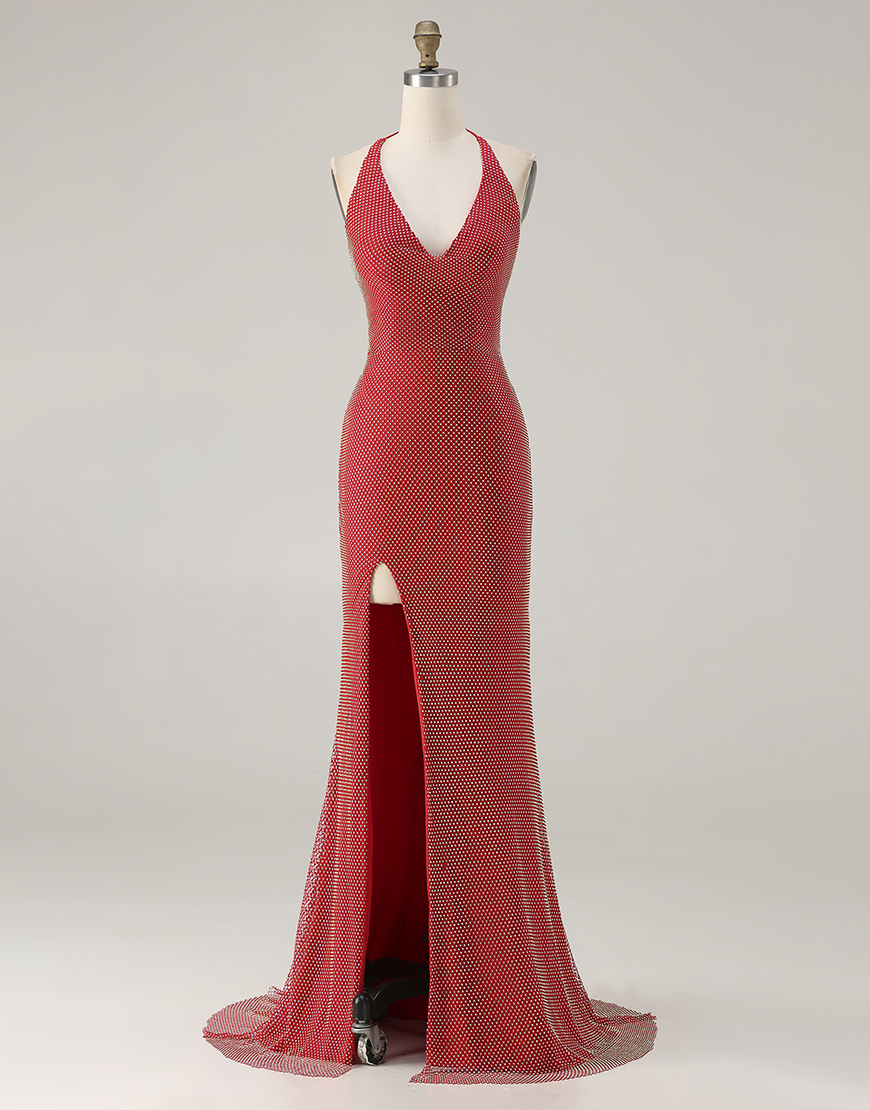 Sparkly Red Beaded Mermaid Halter Long Prom Dress with Slit