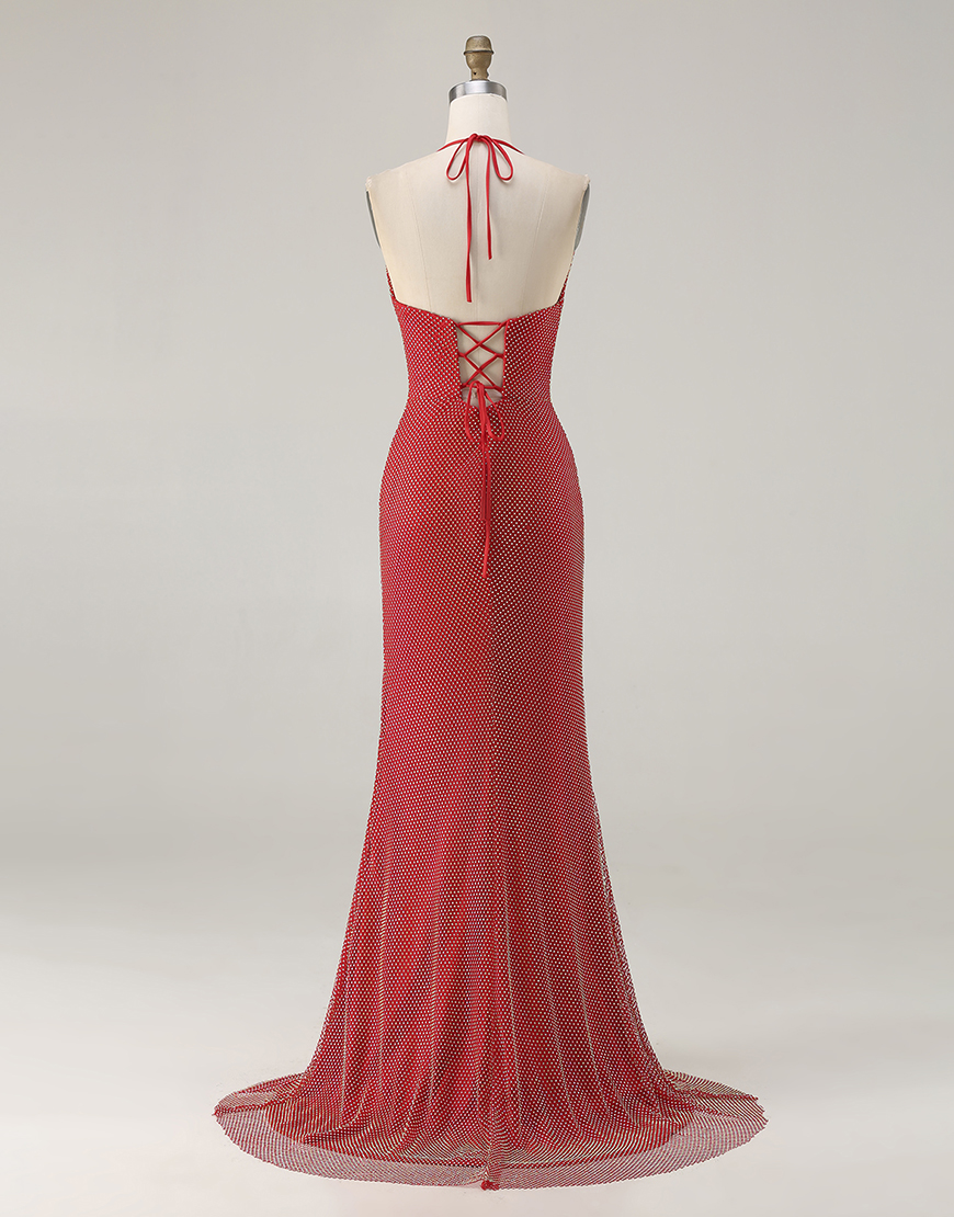 Sparkly Red Beaded Mermaid Halter Long Prom Dress with Slit