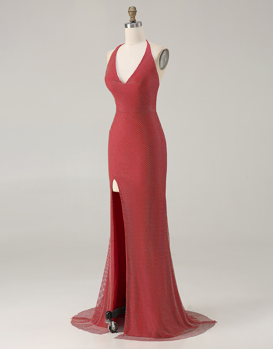Sparkly Red Beaded Mermaid Halter Long Prom Dress with Slit