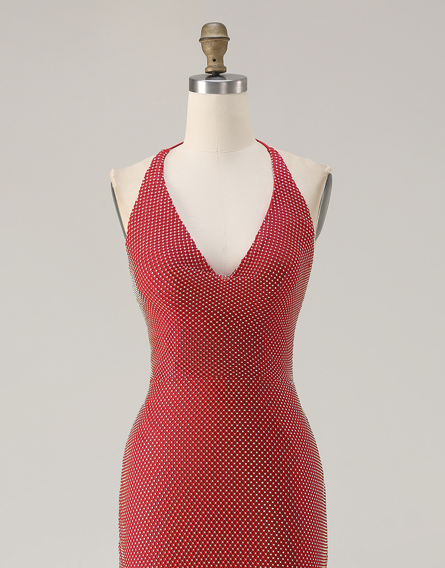 Sparkly Red Beaded Mermaid Halter Long Prom Dress with Slit