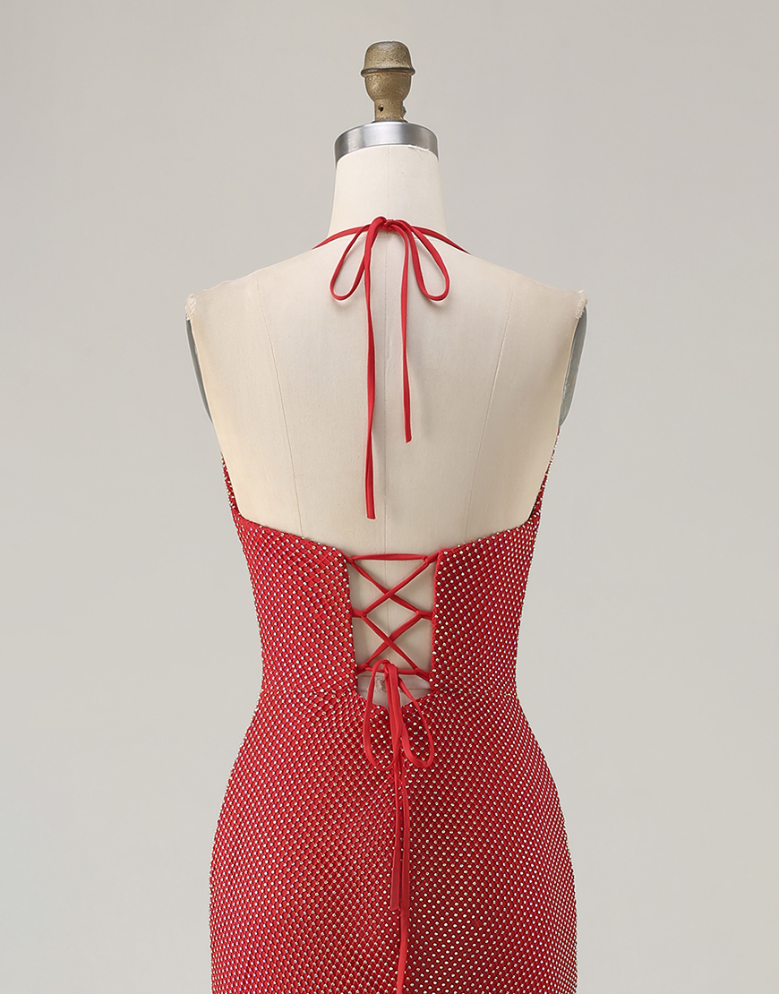 Sparkly Red Beaded Mermaid Halter Long Prom Dress with Slit