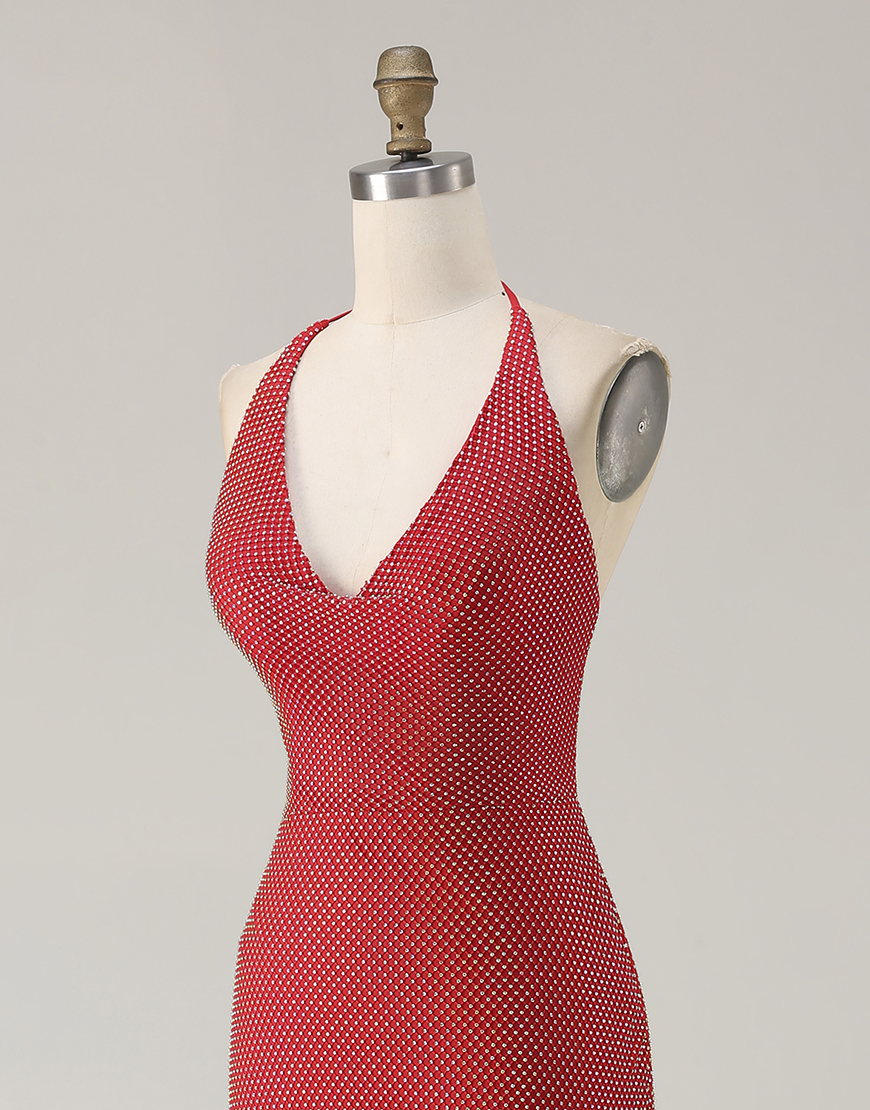 Sparkly Red Beaded Mermaid Halter Long Prom Dress with Slit