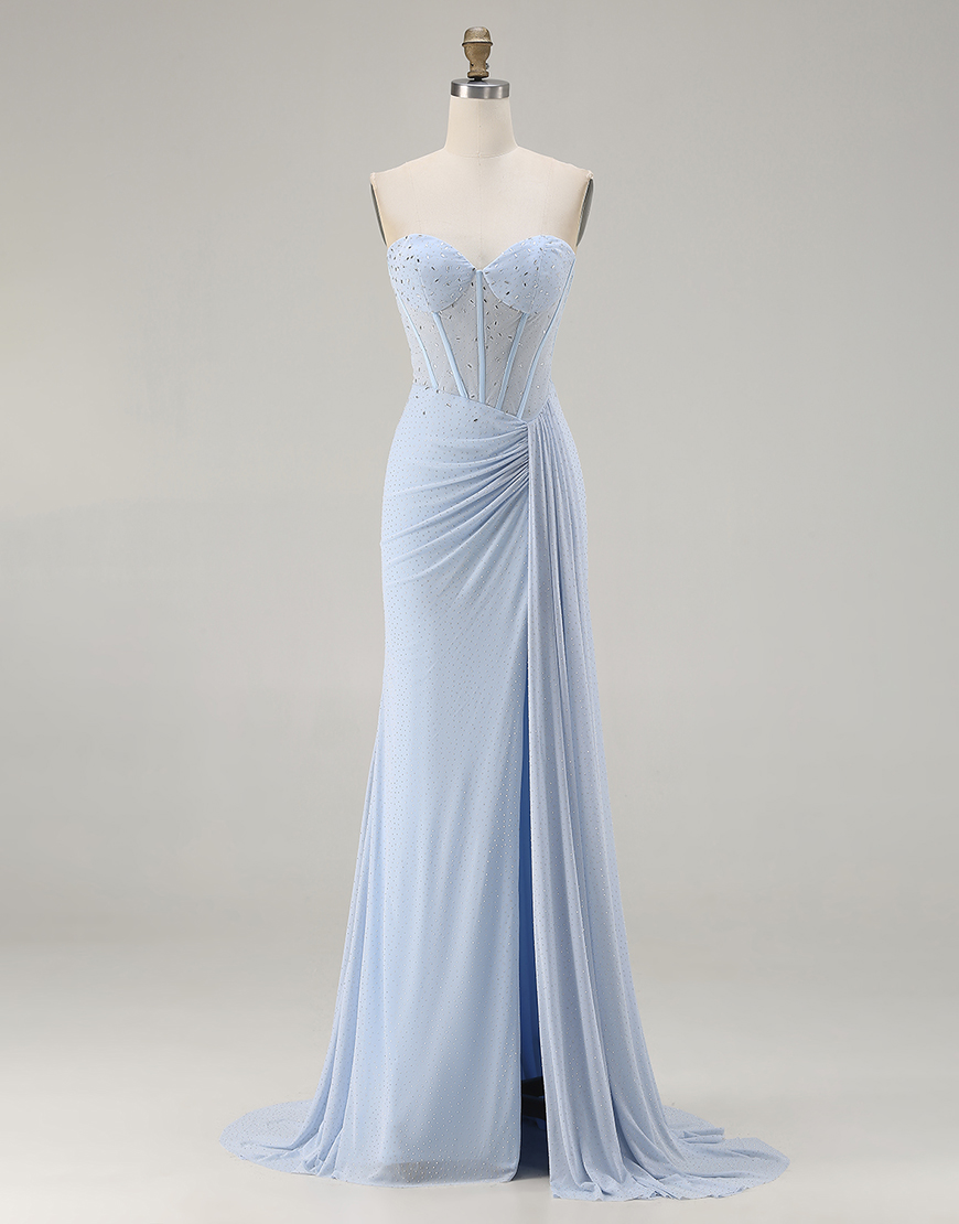 Sparkly Sky Blue Beaded Mermaid Corset Long Prom Dress with Slit
