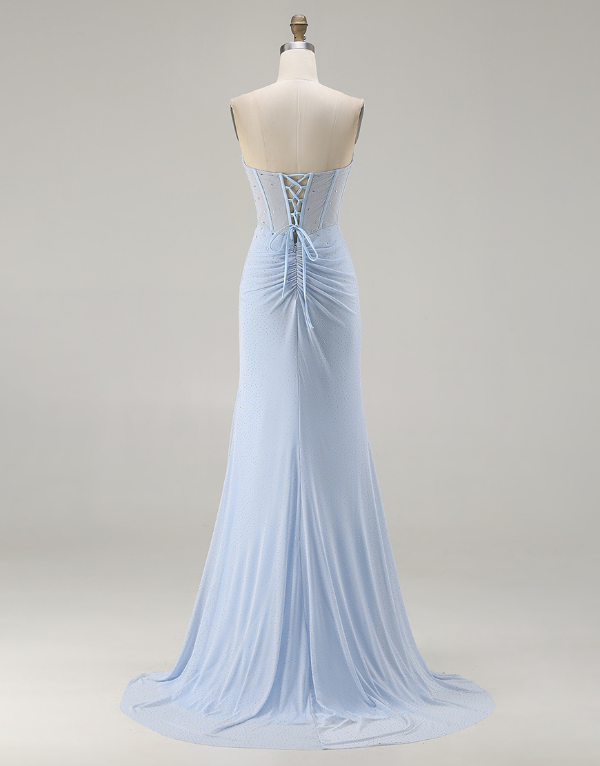 Sparkly Sky Blue Beaded Mermaid Corset Long Prom Dress with Slit