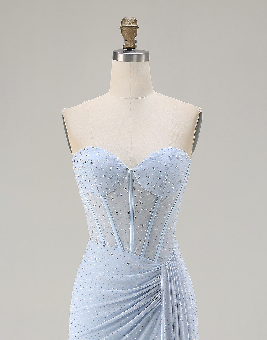 Sparkly Sky Blue Beaded Mermaid Corset Long Prom Dress with Slit