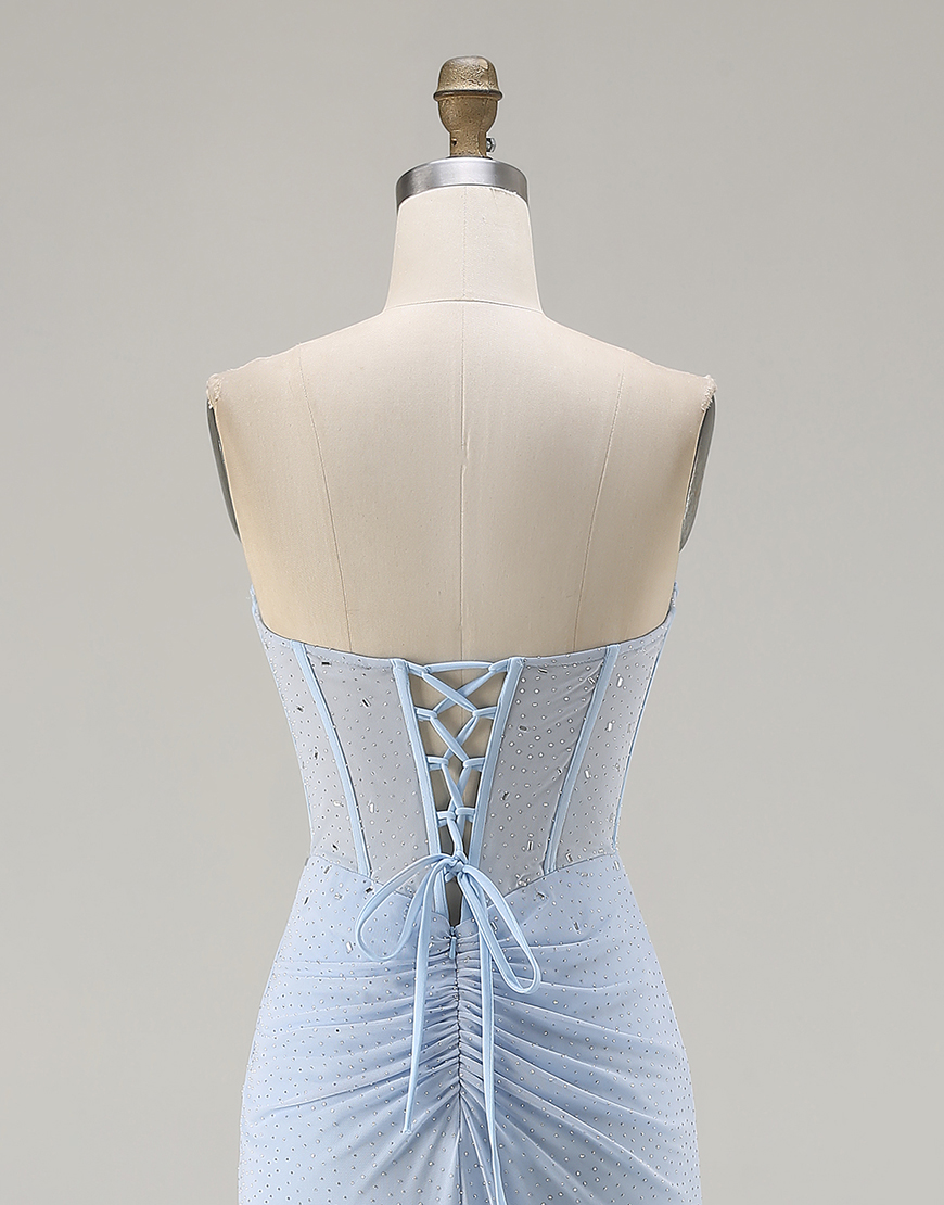 Sparkly Sky Blue Beaded Mermaid Corset Long Prom Dress with Slit