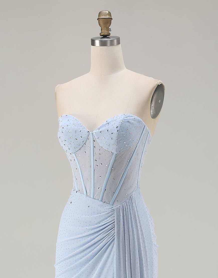 Sparkly Sky Blue Beaded Mermaid Corset Long Prom Dress with Slit