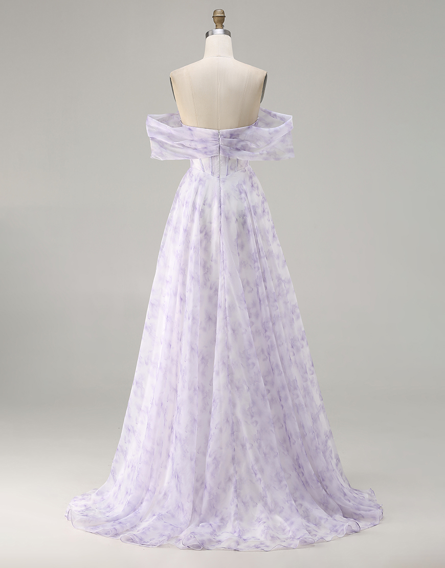 Floral Lilac Off the Shoulder Corset Long A Line Prom Dress with Slit