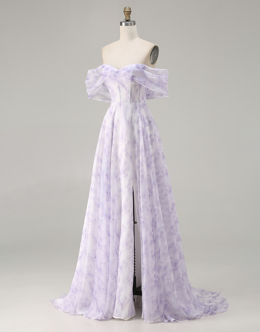 Floral Lilac Off the Shoulder Corset Long A Line Prom Dress with Slit