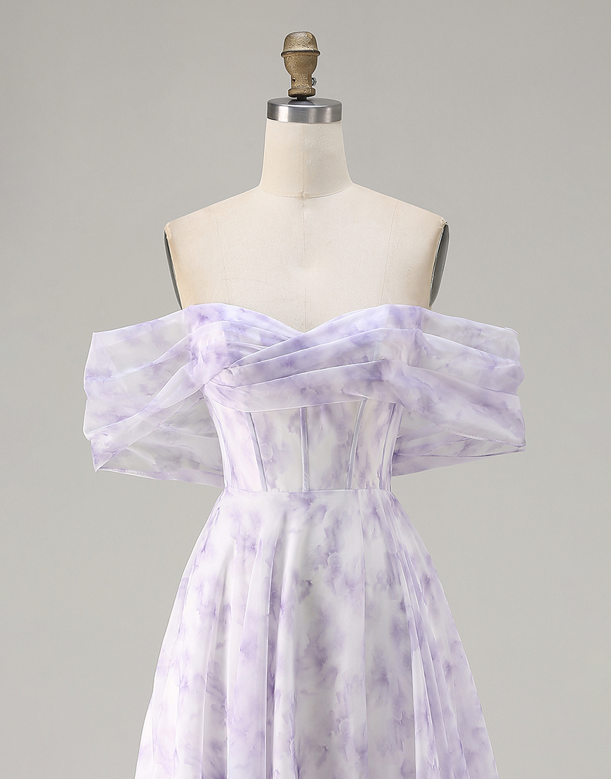 Floral Lilac Off the Shoulder Corset Long A Line Prom Dress with Slit