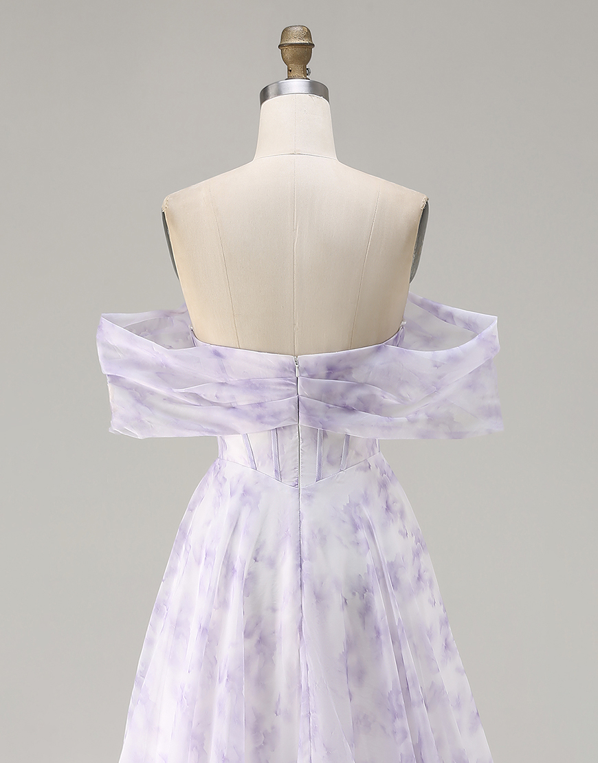 Floral Lilac Off the Shoulder Corset Long A Line Prom Dress with Slit