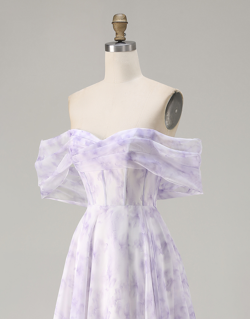 Floral Lilac Off the Shoulder Corset Long A Line Prom Dress with Slit