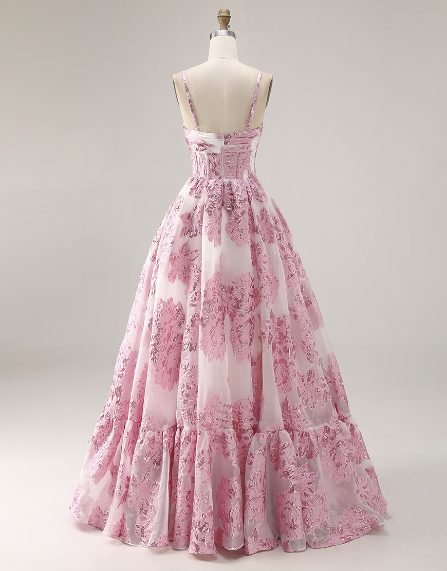 Pink Spaghetti Straps Floral Long Corset Prom Dress with Keyhole