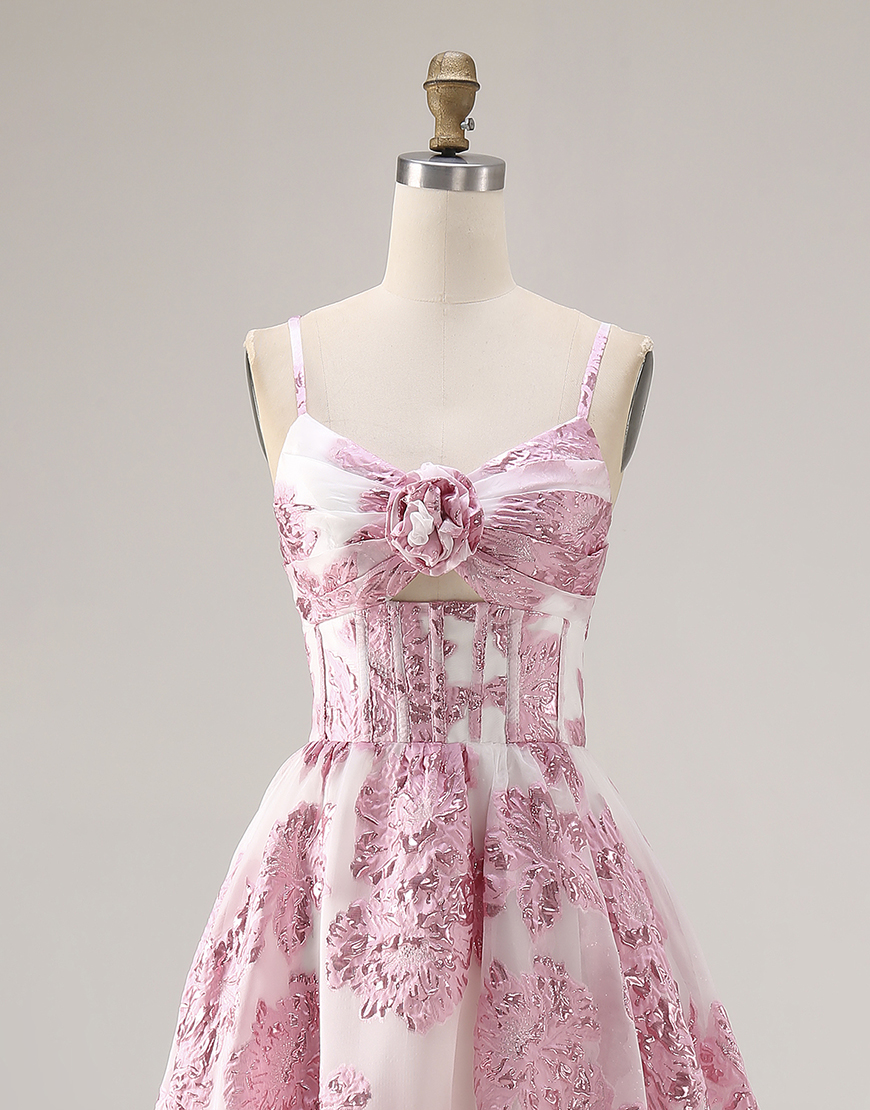 Pink Spaghetti Straps Floral Long Corset Prom Dress with Keyhole