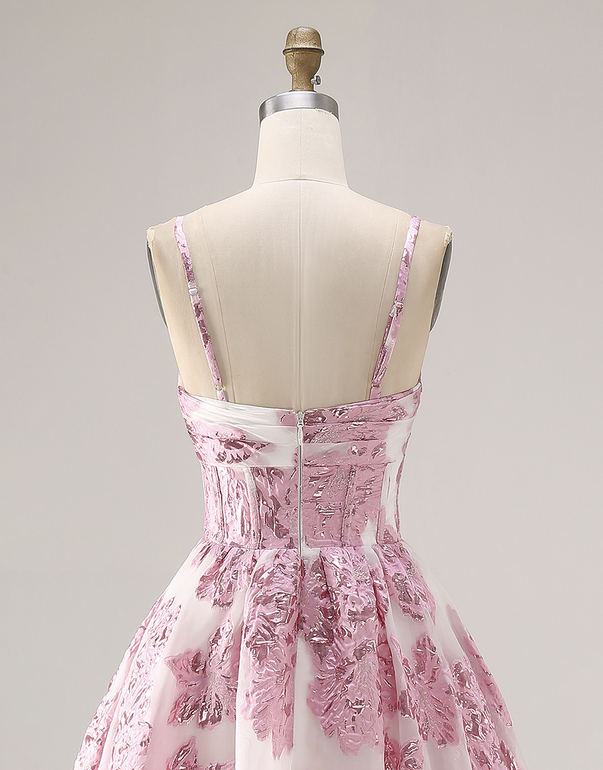 Pink Spaghetti Straps Floral Long Corset Prom Dress with Keyhole