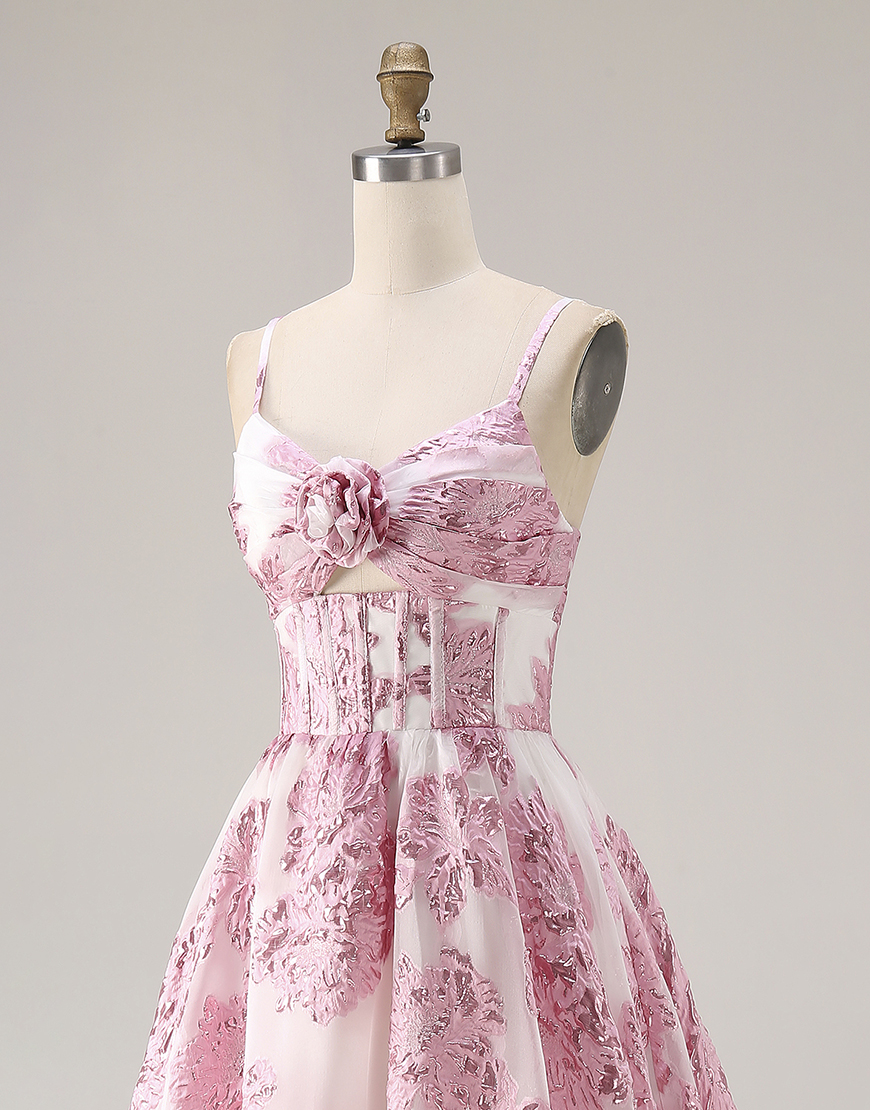 Pink Spaghetti Straps Floral Long Corset Prom Dress with Keyhole