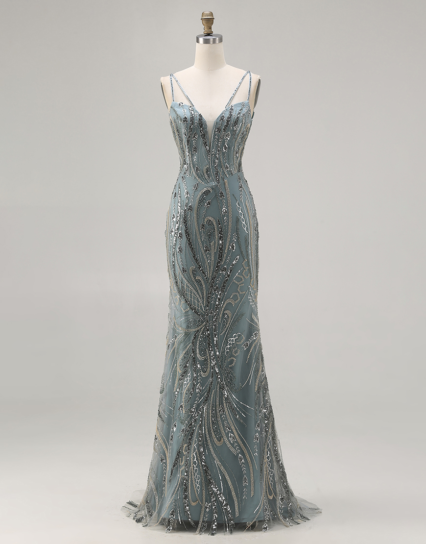 Sparkly Grey Blue Mermaid Beaded Long Prom Dress
