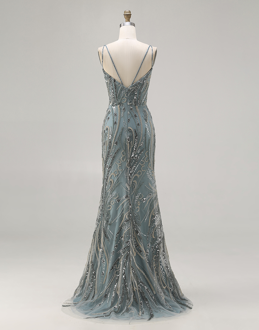 Sparkly Grey Blue Mermaid Beaded Long Prom Dress