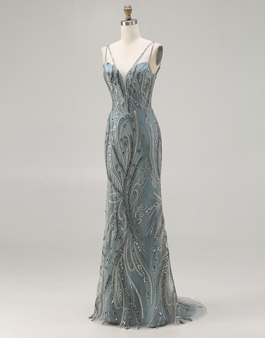 Sparkly Grey Blue Mermaid Beaded Long Prom Dress