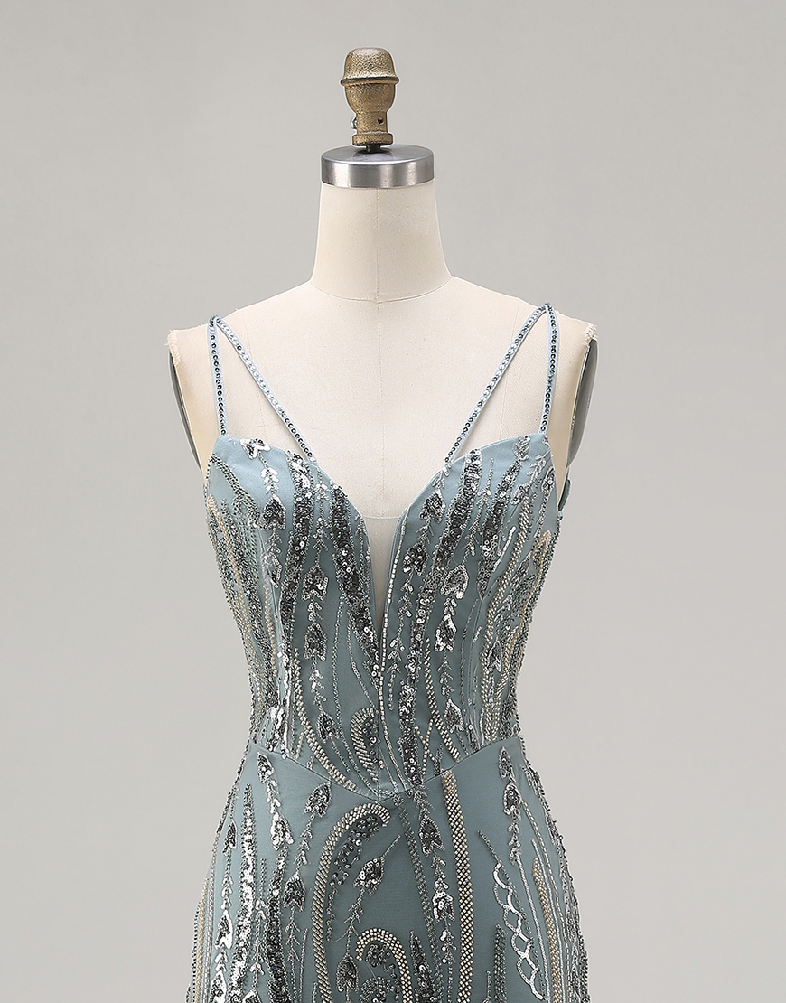 Sparkly Grey Blue Mermaid Beaded Long Prom Dress