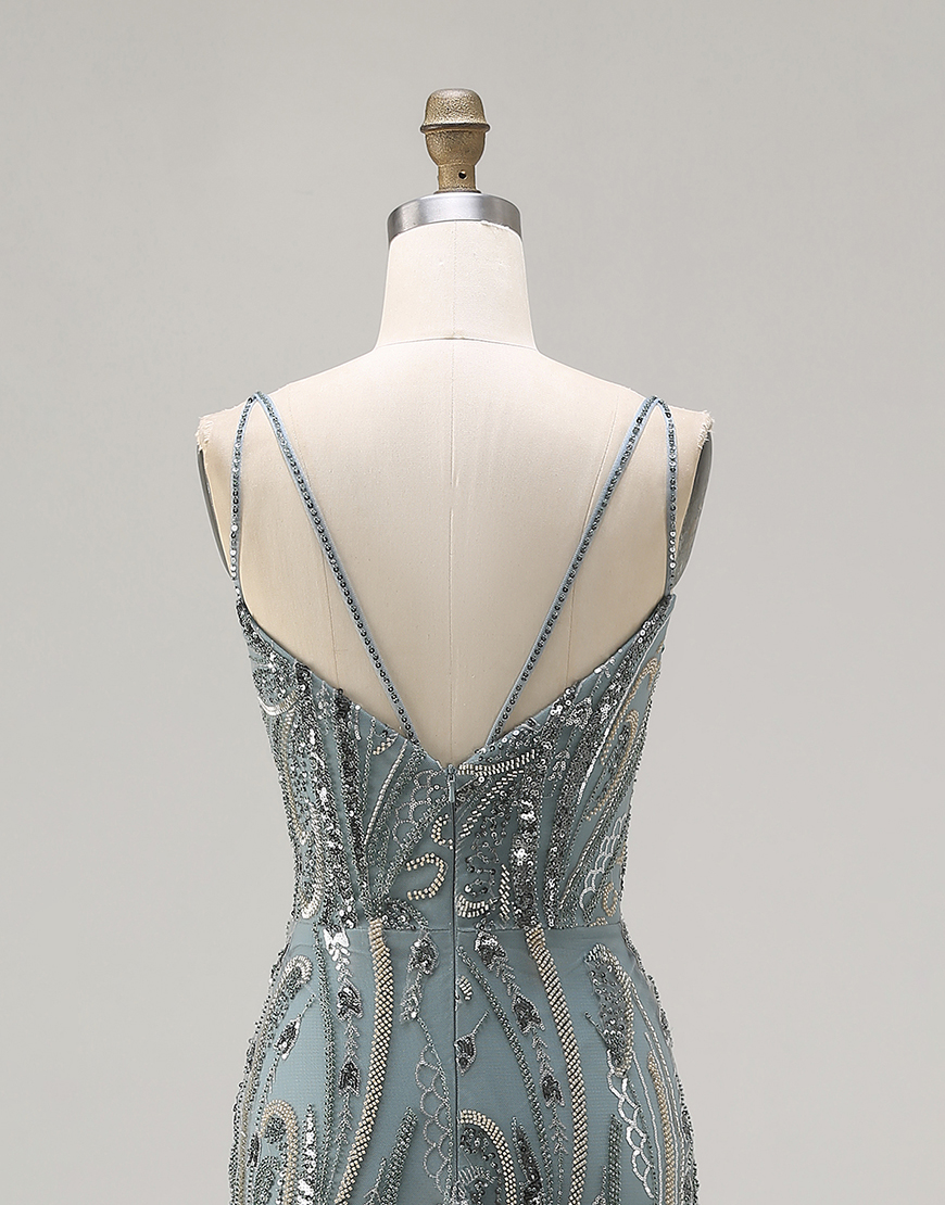 Sparkly Grey Blue Mermaid Beaded Long Prom Dress