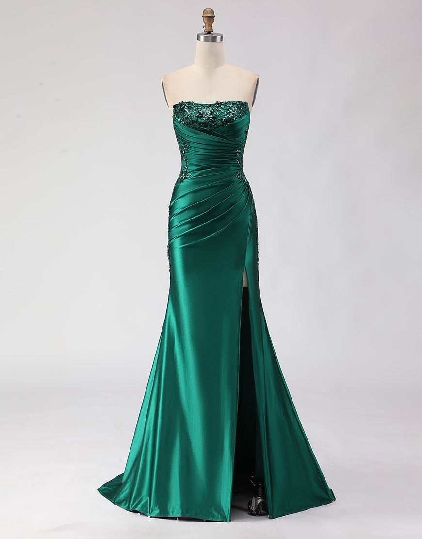 Sparkly Dark Green Mermaid Ruched Long Satin Prom Dress with Slit