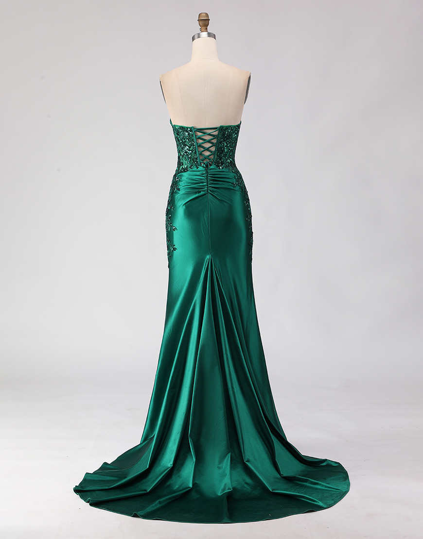 Sparkly Dark Green Mermaid Ruched Long Satin Prom Dress with Slit