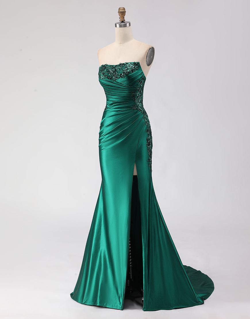 Sparkly Dark Green Mermaid Ruched Long Satin Prom Dress with Slit