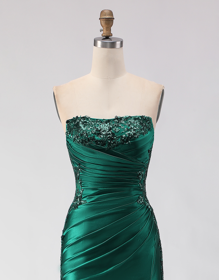 Sparkly Dark Green Mermaid Ruched Long Satin Prom Dress with Slit