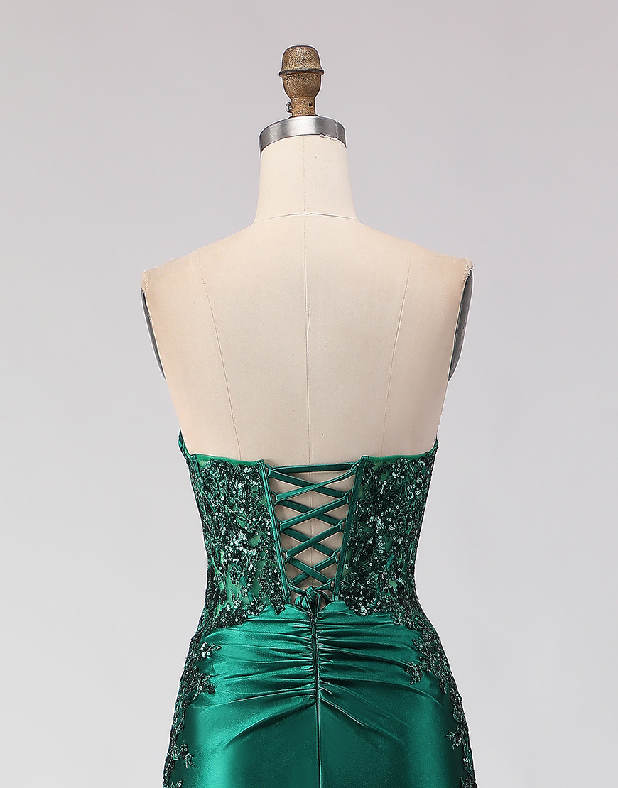 Sparkly Dark Green Mermaid Ruched Long Satin Prom Dress with Slit
